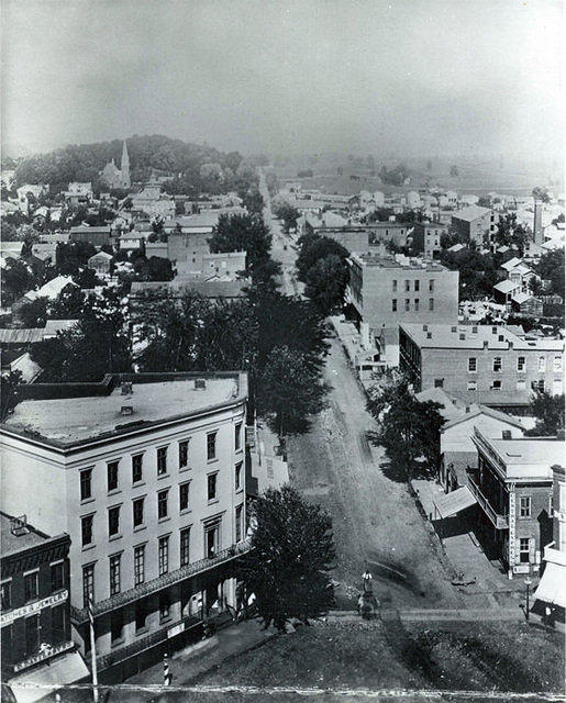 Looking up North Main Street. Note Memorial Presbyterian Church on Bowman's Hill (North Street) in the upper left. Photo taken in 1875.